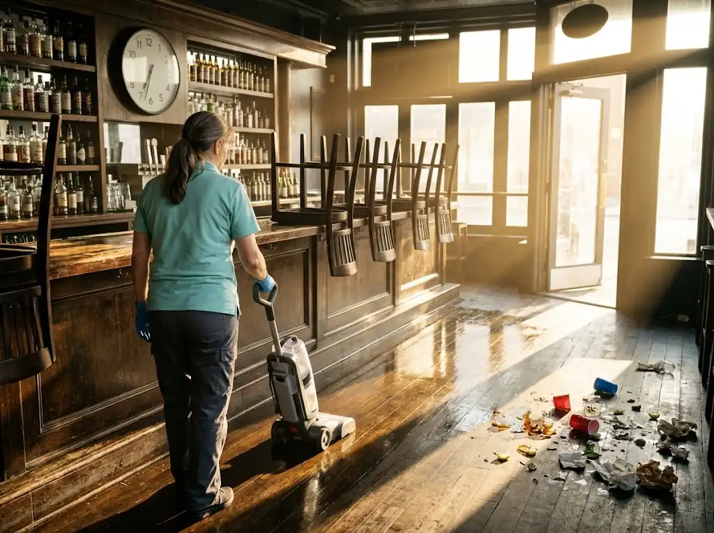 Cleaner washing the bar floor at 7 a.m., morning sun through the open door, stools up on the bar