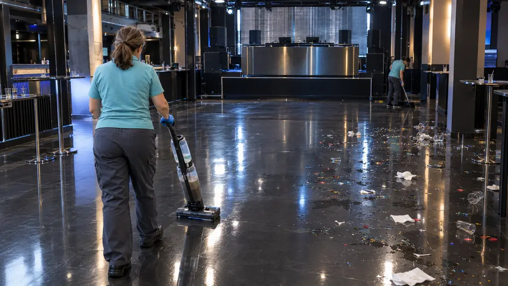 Cleaner washing a black glossy dance floor, a second cleaner sweeping broken glass