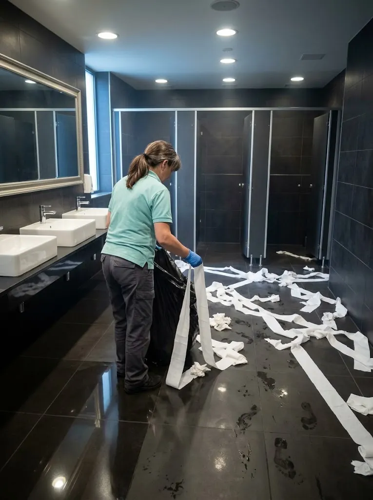 Cleaner gathering unrolled toilet paper from a club washroom floor, sinks already spotless